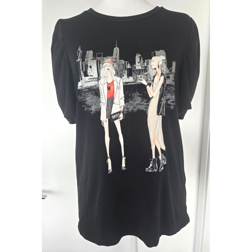 DKNY W Sz L T Shirt Ruffle Short Sleeves Black 3D Print Reflective Plastic Y2K